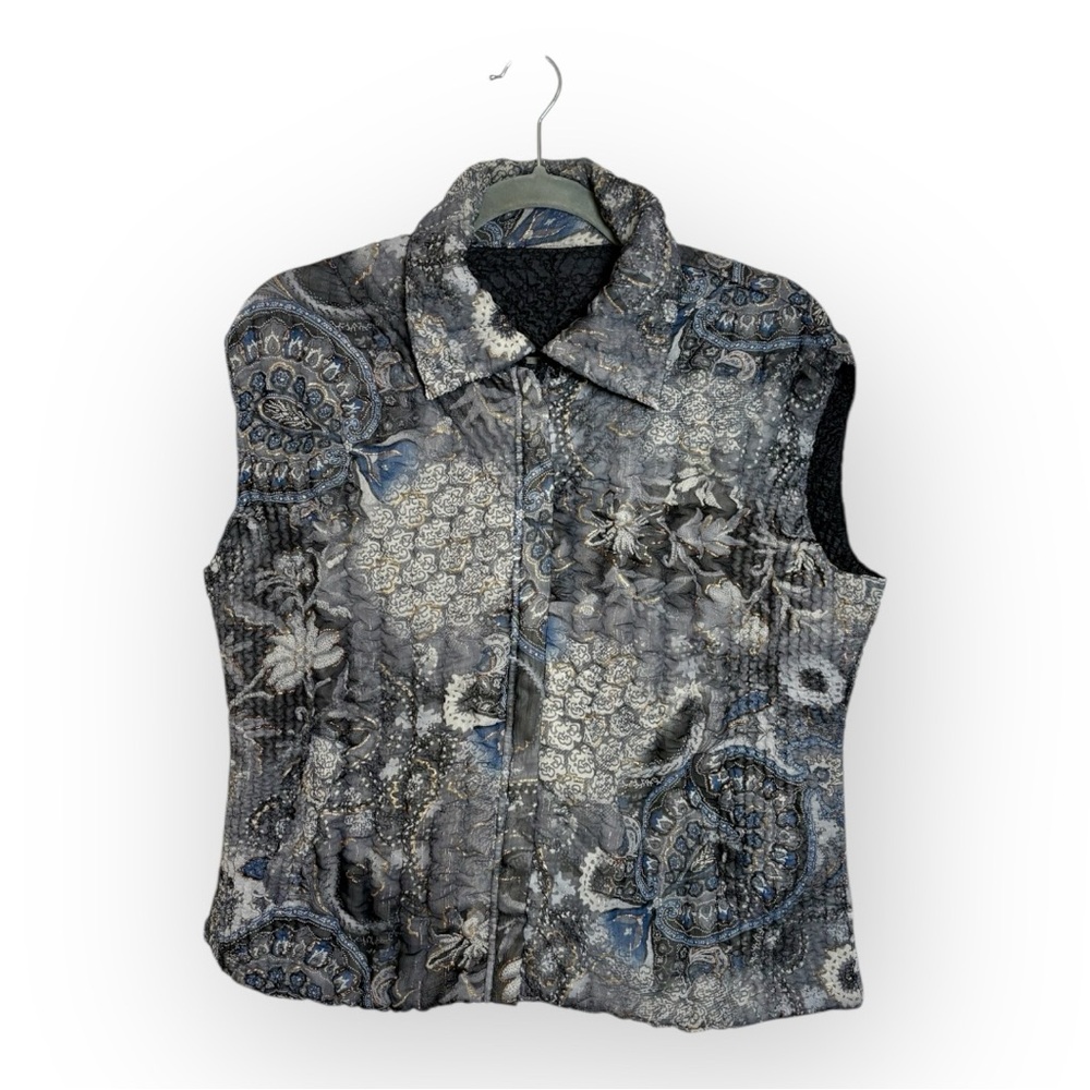 Ubu Gray Floral Quilted Reversible Art Travel Vest Boho Patchwork XL